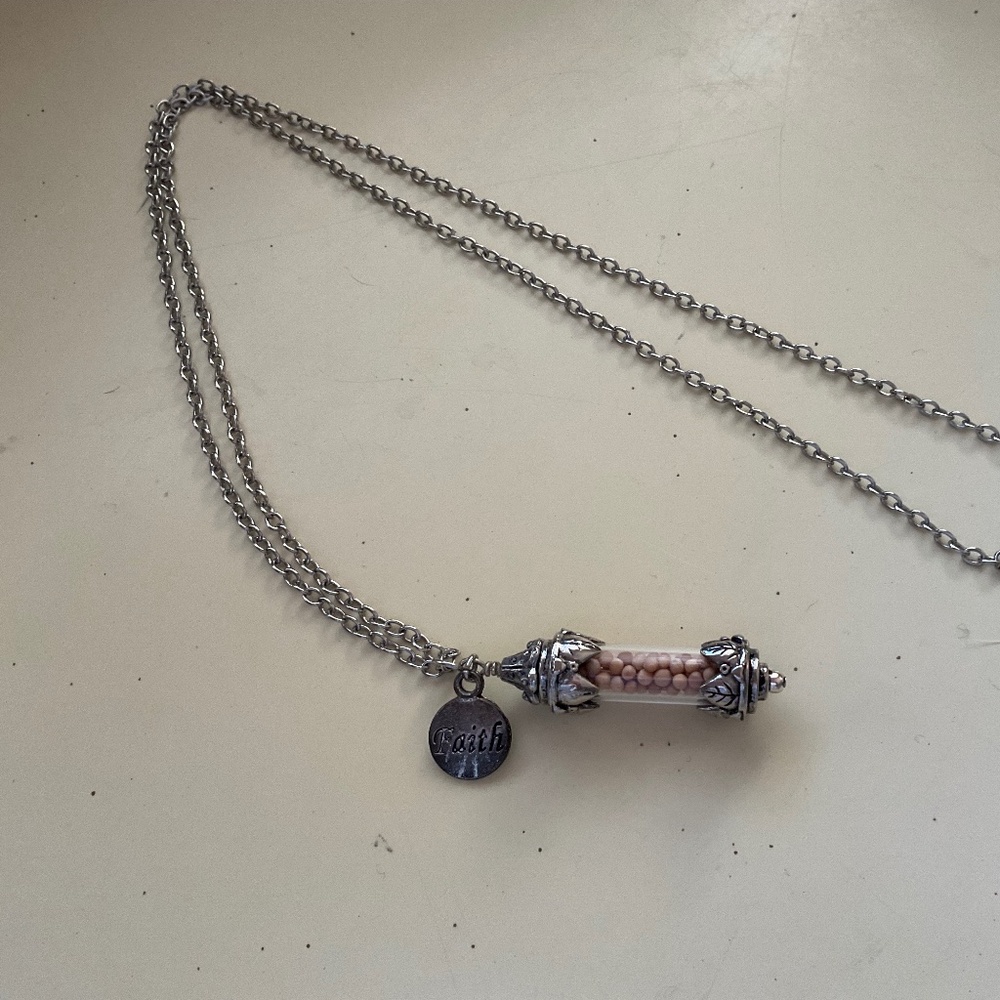 Mustard seed “Faith” necklace, 12” long, silver, like new.